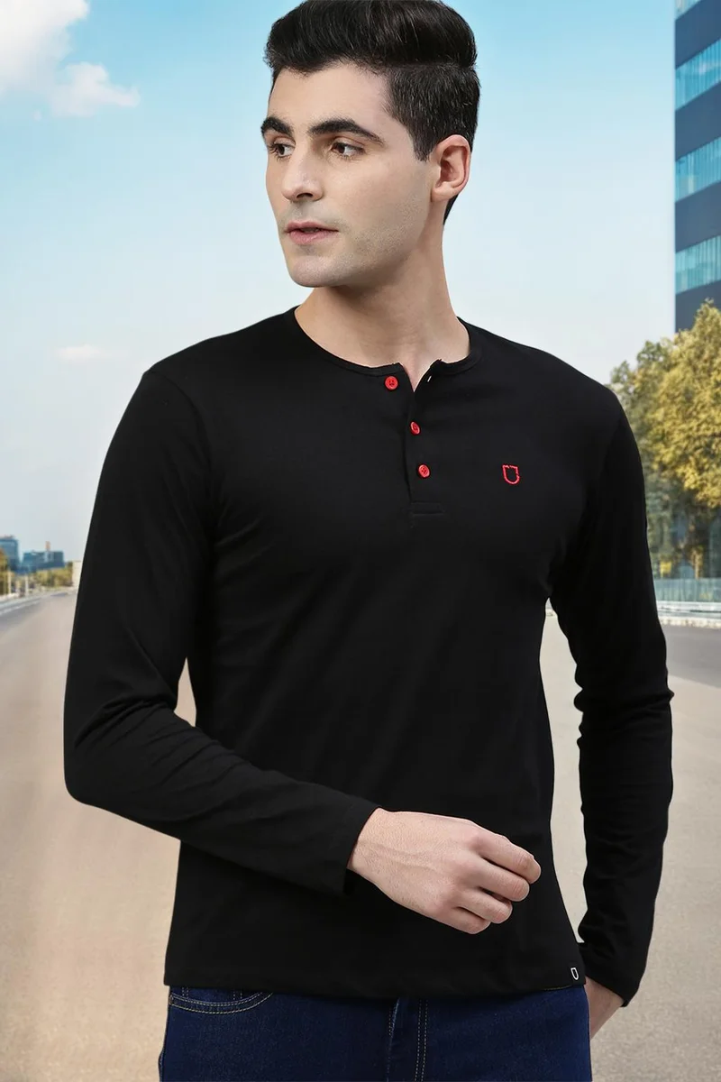 Urbano Fashion Men's Black Solid Henley Neck Slim Fit Cotton T-Shirt